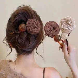 Elegant Dry Rose Flower Round Bead Hair Clip for Women, Twist Clip for Back of Head, Bobby Pin, Claw Clip Hair Accessory flower  hair  clip