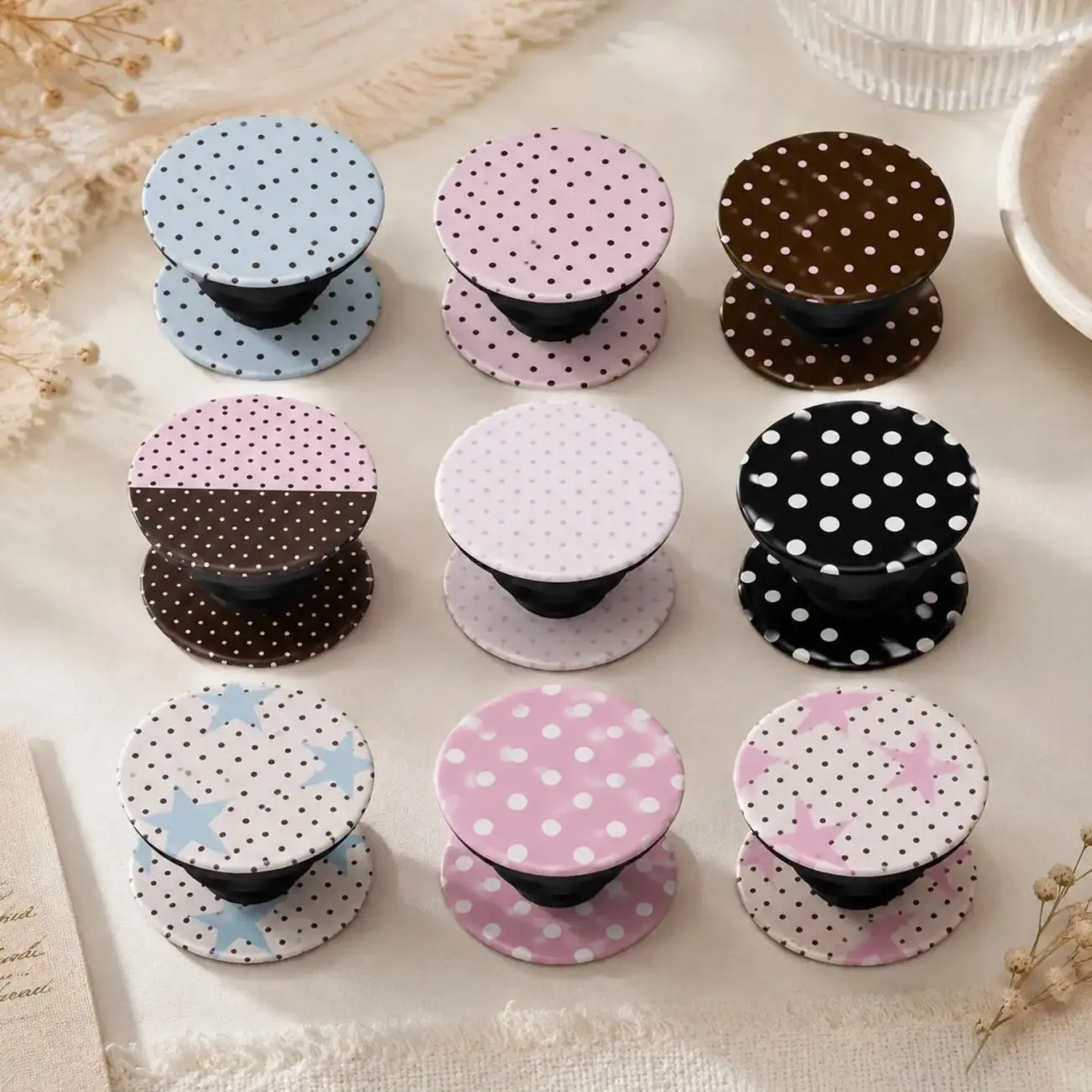 Polka Dot Star Phone Grips Collapsible Pop Socket Pastel Neutral Pattern Phone Holder Cute Aesthetic Phone Stand Desk Accessory Gift for Her Girls Teens