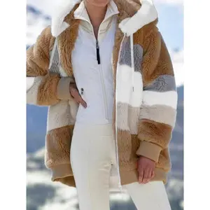 Women's Color Block Drop Shoulder Hooded Fleece Jacket with Zipper Pocket Loose-Fitting Long Sleeve Winter Fashion Casual Outerwear