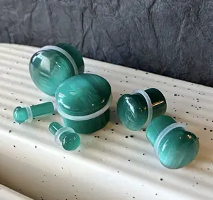 PAIR Teal Cat Eye Stone Plugs Single Flare Tunnels Earlets Gauges Body Jewelry