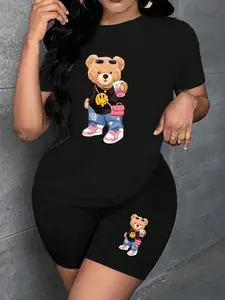 【Plus Size】 Two-Piece Set  Cartoon Bear Print Tee & Shorts, Casual Fashion Round Neck Short Sleeve T-shirt & Skinny Shorts, Women's Summer Clothes for Daily Wear, Suits, Casual Loungewear Set