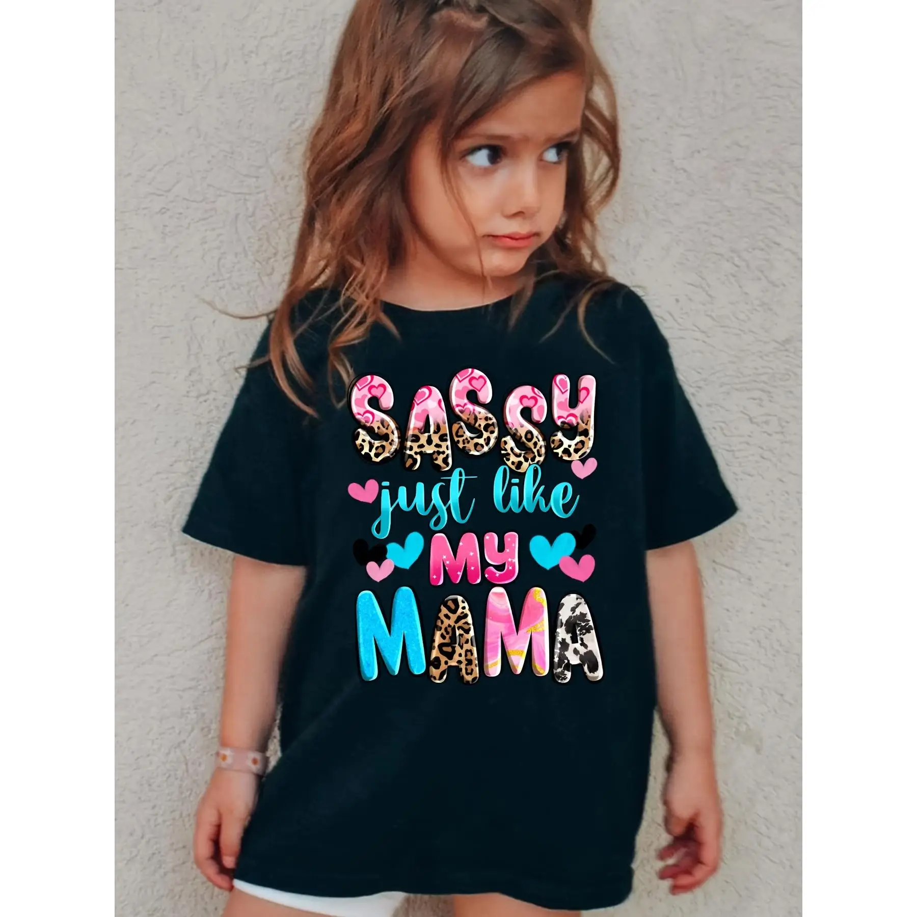 [Allseason Tshirt] Milkyship Adorable Girls' 100% Cotton T-Shirt - "Sassy Just Like My Mama" Leopard Print & Heart Design, Short Sleeve, Round Neck, S