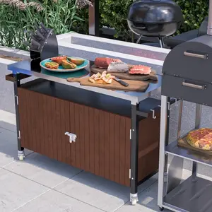 Outdoor Grill Cart with Stainless Steel Tabletop, Storage, Patio Kitchen Island with Wheels, Hooks, and Spice Rack