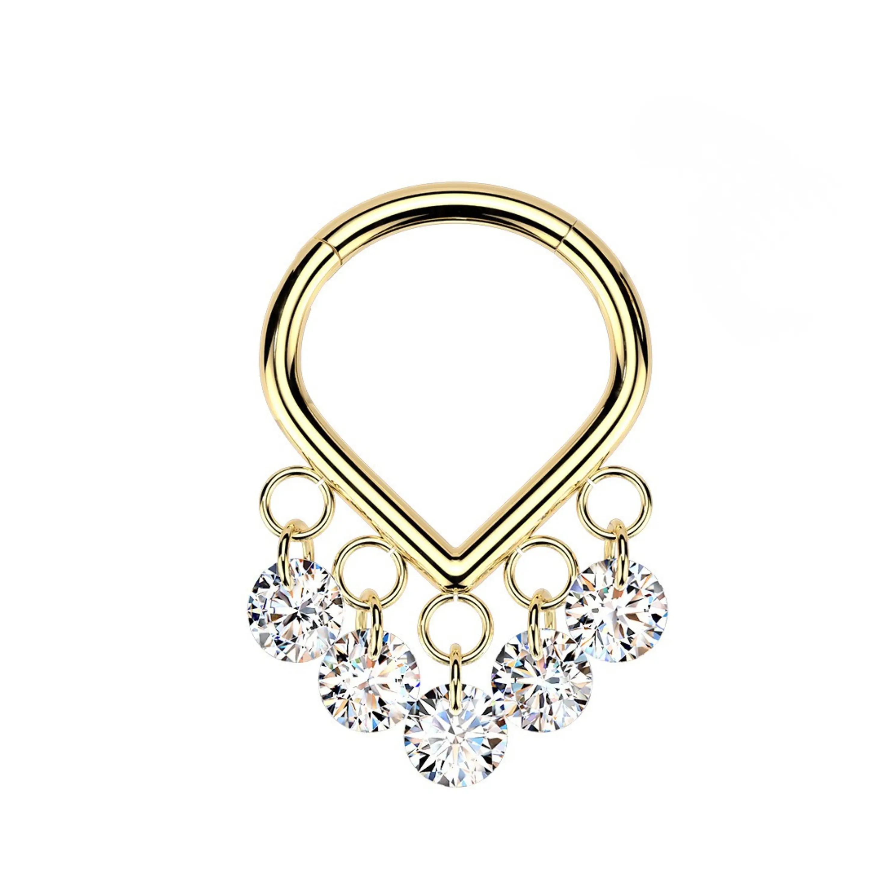 Titanium Diamond Dangle Septum Nose Ring 16 Gauge Hinged Chevron Hoop Design 5 CZ Dangles Hypoallergenic Jewelry