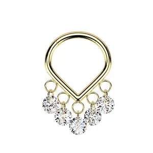 Titanium Diamond Dangle Septum Nose Ring 16 Gauge Hinged Chevron Hoop Design 5 CZ Dangles Hypoallergenic Jewelry