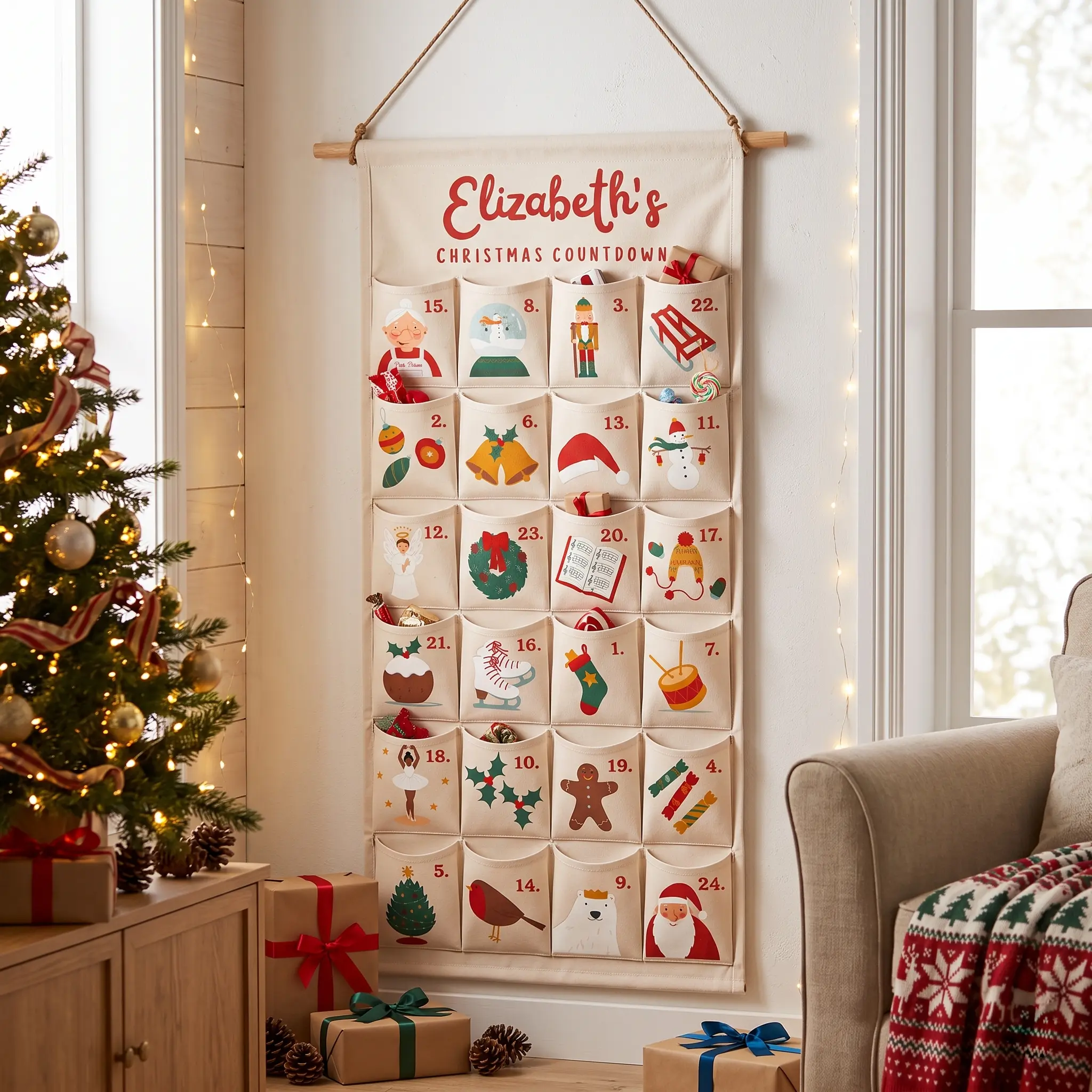 Personalized Fabric Christmas Countdown Calendar 2026, Reusable 24 Pocket Advent Wall Hanging, Custom Name Holiday Decoration, Family Keepsake Gift