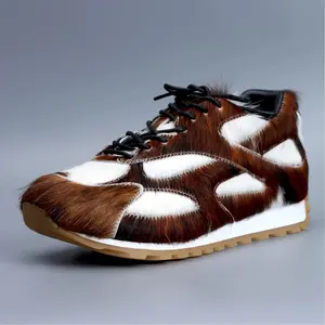 Cowhide Sneakers Brown & White Patterned Lace-Up Shoes for Women Comfortable Casual Footwear