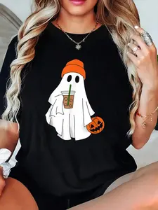 100% Cotton T-shirts Halloween Ghost Drinking Coffee Ghost Ice Coffee Men Women T-Shirt