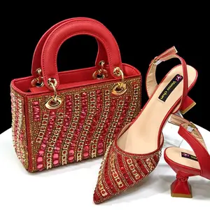 Shiny Italian Fashion Pointed Toe Women Heel Fashion Rhinestone Decoration Fuchsia Color Shoes And Bag Set.