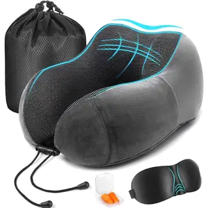 Almohada de Viaje LISAPRO, Almohada de Cuello de Espuma Viscoelástica, Funda de Almohada Removible y Transpirable, con Máscara para Ojos, Tapones para los Oídos, Bolsa de Almacenamiento y Bolsa para Cables, Soporte para el Cuello para Avión, Oficina y Hog