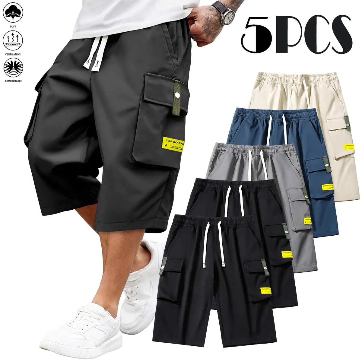 Menswear Cargo Cropped Men's Shorts - Loose Fit, 7/8 Length, Multi-Pocket Utility Bottoms, Slight Stretch, Breathable Lightweight Casual Trousers for Outdoor & Travel Use, Activewear, Black + Black + Dark Gray + Blue + Khaki