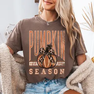 Pumpkin Season Distressed Bow Comfort Colors Tee Fall Graphic Shirt Autumn Womenswear Top