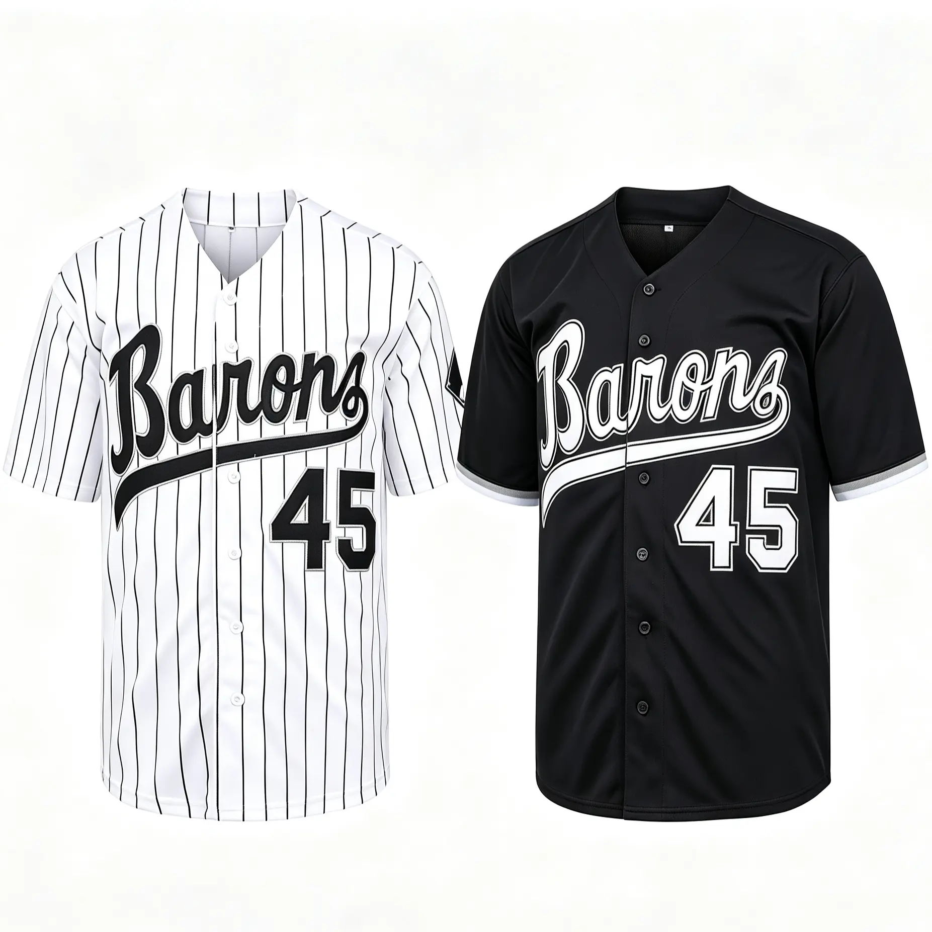 Barons #45 90s Unisex Stitched Short Sleeve Baseball Jersey - Embroidered Logo, Cool Blend Fabric, White-Black Stripe Pattern, Custom Name, Unisex Names, S-3XL Sizes, Machine Washable, Cold Wash Only, Do Not Dry Clean, Professional Outdoor Hip Hop Wear, S