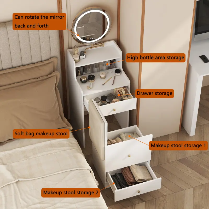 [SOIYELIFE] 3 in 1 Vanity Desk With mirror and light ,Small makeup vanity set with charging station, With 2 drawers and open storage space, with upholstered stool, Compact Dressing Table Writing Desk for Small Sp,Unique furniture