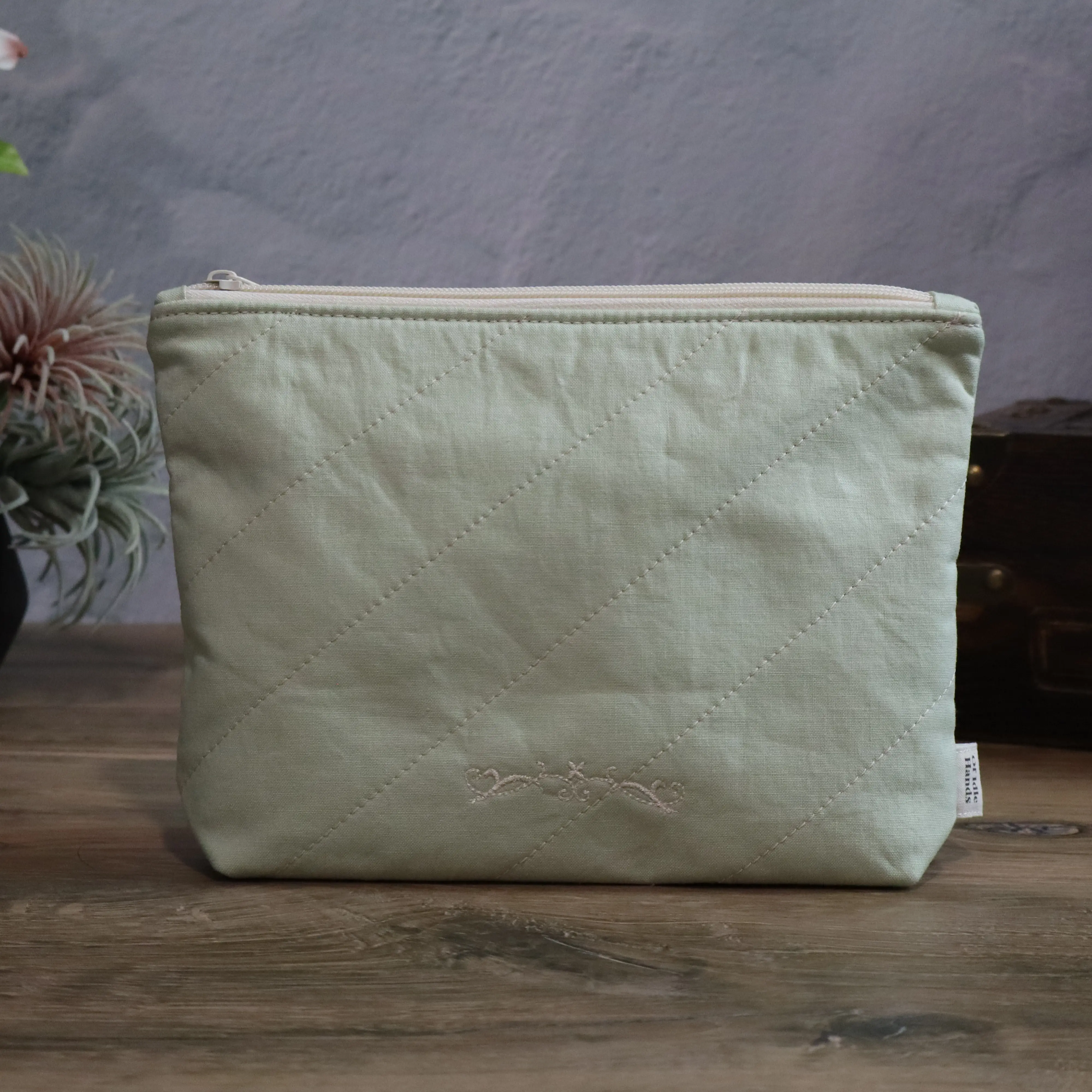 Handmade Quilted Pouch with Embroidery 100% Cotton Soft Sage Exterior Cream Interior Fully Lined