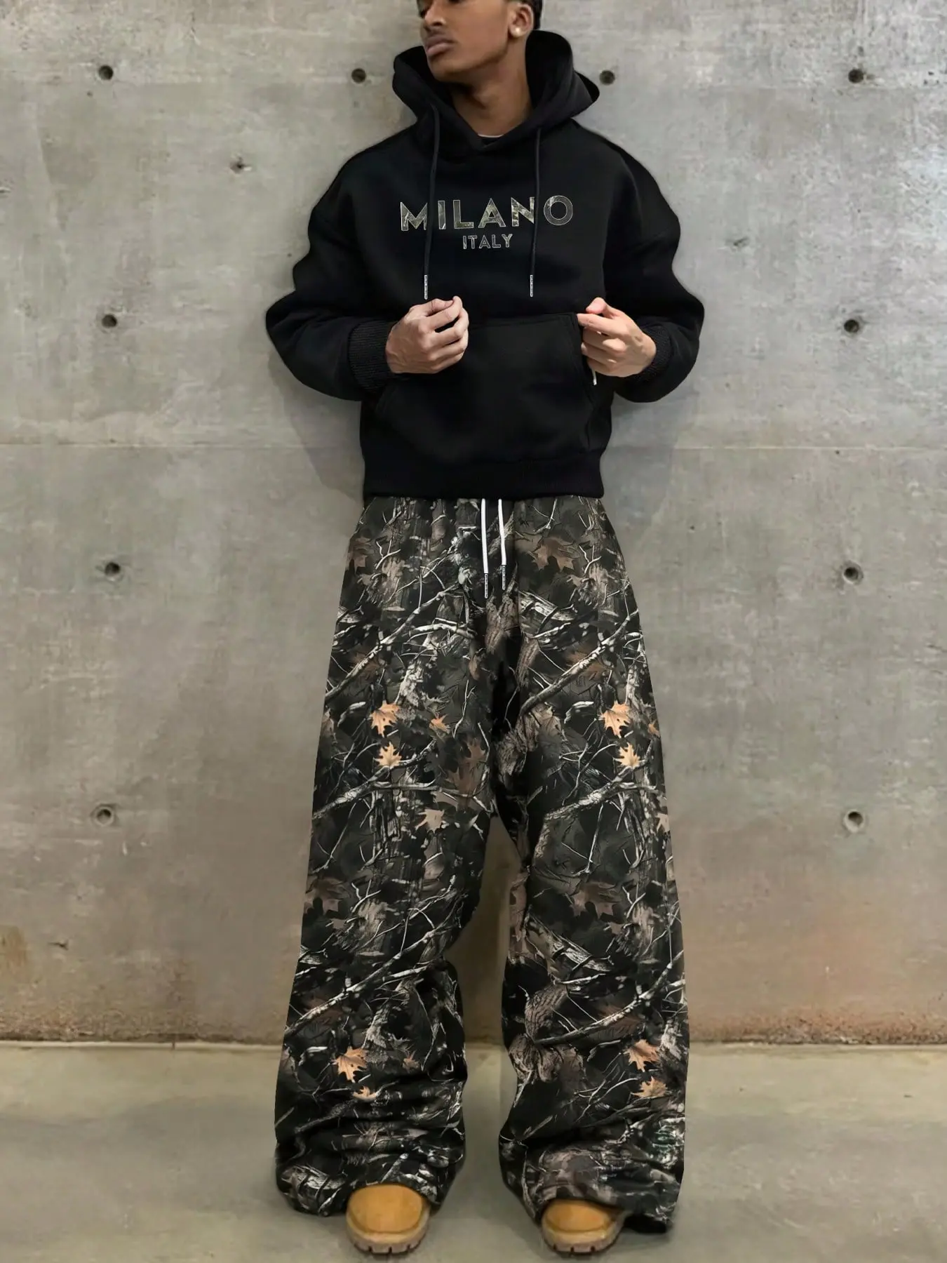 Men's Fashion Casual Two-Piece Set, Camo Letter Print Hoodie and Drawstring Straight Leg Pants, Loose Fit Street Style Spring Fall Winter