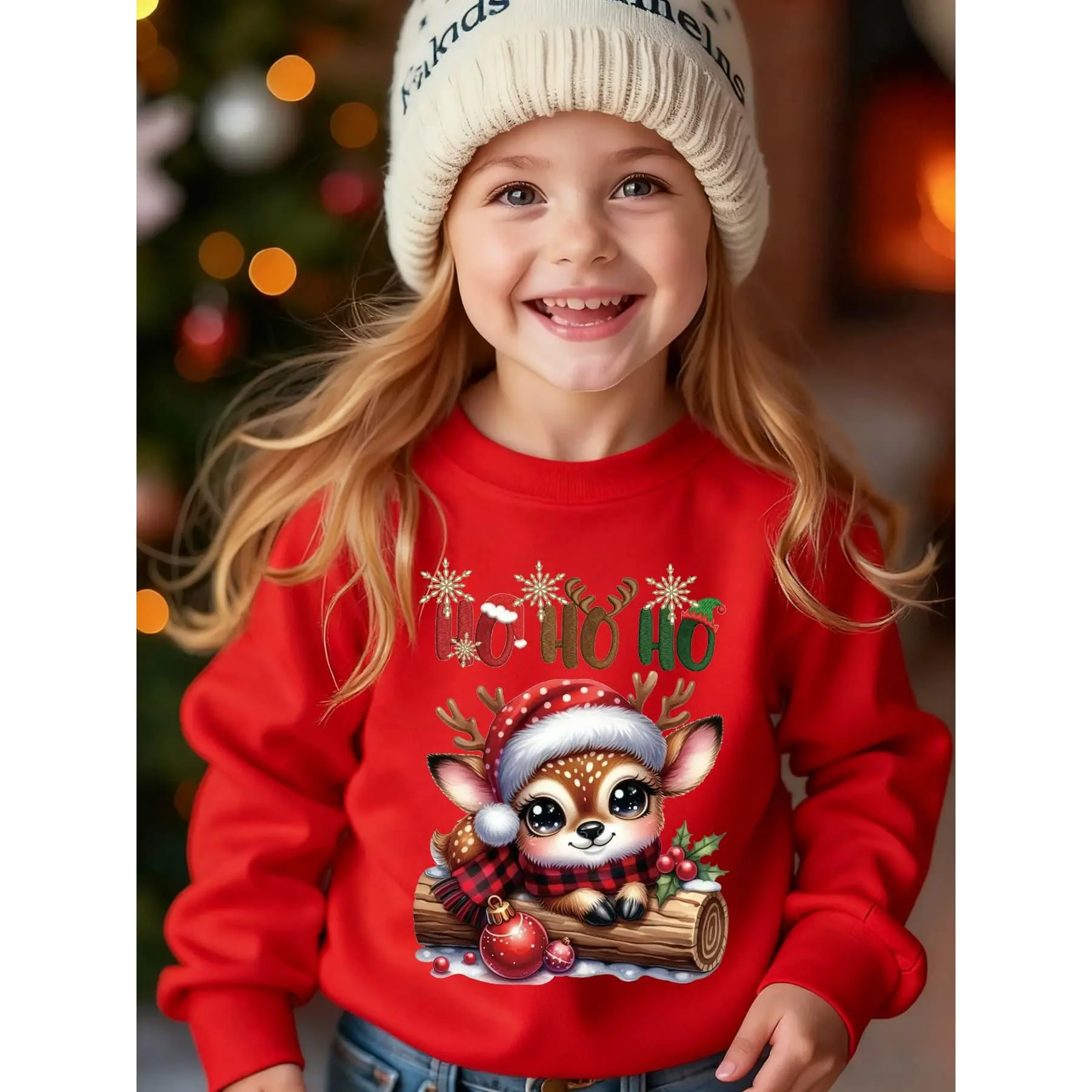 Girls' Christmas Sweater with HOHOHO Lettering, Reindeer & Snowflake Prints, Polka Dot & Red/Black Gingham Scarf - Cozy Round Neck Long Sleeve Sweatersuit for to Teen Winter Outfits