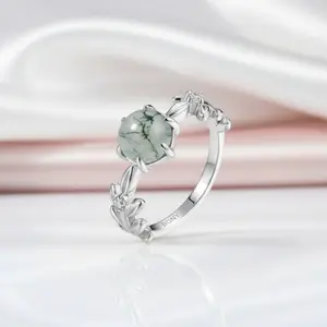 Round Cut Moss Agate Engagement Rings with Olive Branch Design