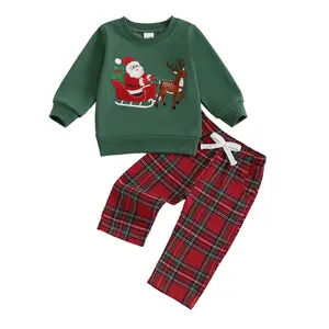 Toddler Baby Boy Fall Clothes Truck Embroidery Long Sleeve Sweatshirt Tops Elastic Waist Gingham Plaid Pants 2Pcs Set