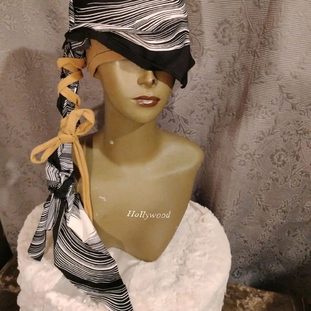 Hollywood Ponytail Head Wrap - Black and White Striped Design, Adjustable Strap, Ideal for Stylish Hair Accessory