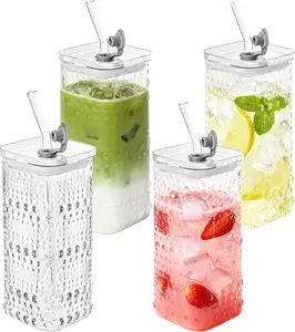 Glass Cups with Lid and Straw 4 Sets, 12OZ Square Embossed Beaded Glass Tumbler with Lid and Straw for Whiskey Cocktail Beer, Iced Coffee, Hot/Cold Drinks
