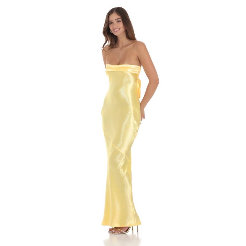 Strapless Satin Open Back Maxi Dress in Yellow
