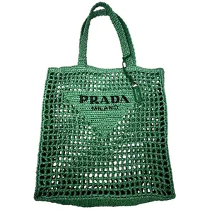 Pre-owned Raffia Tote Bags Prada Yarn Effect Crochet Logo Embroidered Tote Bag Green