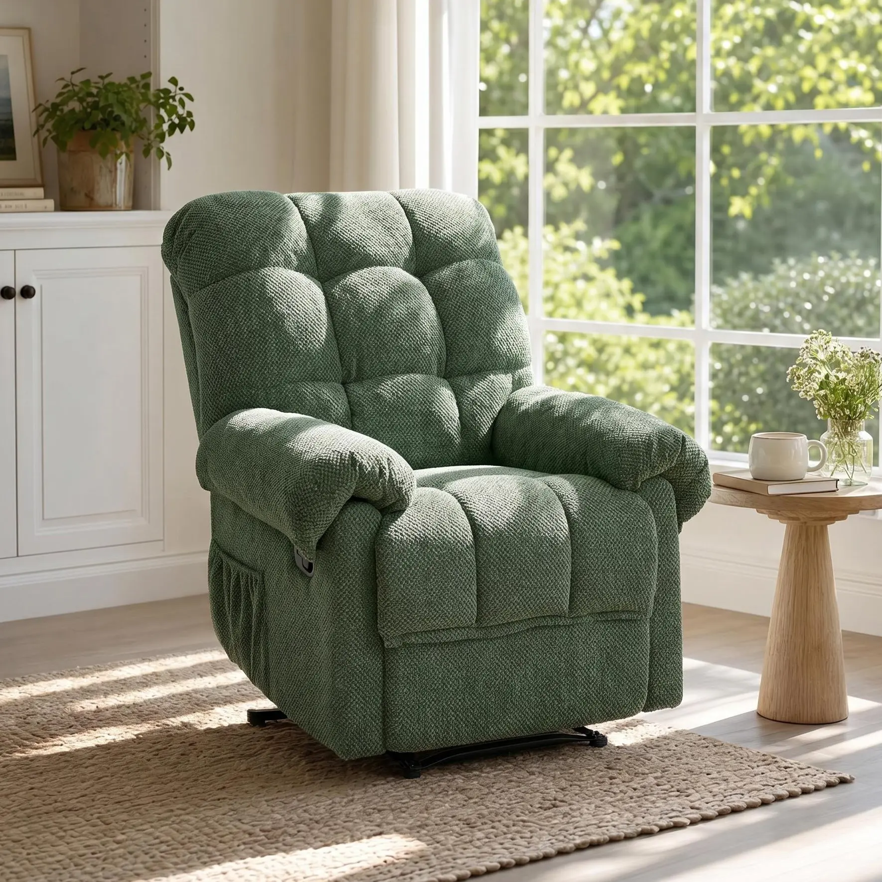 Oversized Manual Recliner Chair with Side Pockets for Home, Green | Plush Padded Armrests, Side Pockets, Adjustable Backrest & Footrest,Soft Fabric