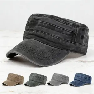 Vintage Distressed Army Cap, Military Inspired Flat Top Design with Adjustable Buckle, Breathable Washed Cotton Headwear for Outdoor Activities, Everyday Wear and Street Style