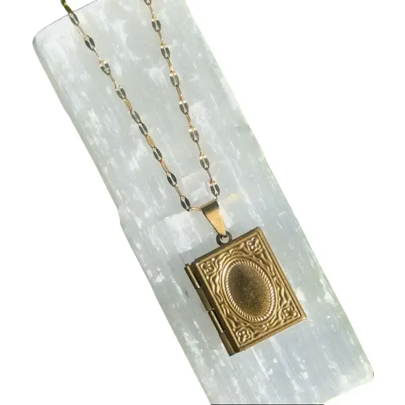 18K Gold Plated Book Locket Necklace 18 Inch Chain Large Photo Locket Vintage Style Gift for Her Meaningful Keepsake Jewelry