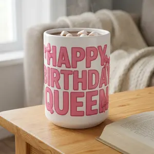 11oz Glossy Ceramic Coffee Cup - Reusable, Lightweight, Washable Kitchen Drinkware with Happy Birthday Queen Design, Pink Font, Bow Accents, Candy Compatibility, Personalizable Message Option (Custom Printed Birthday Mugs, Personalizable Mugs)