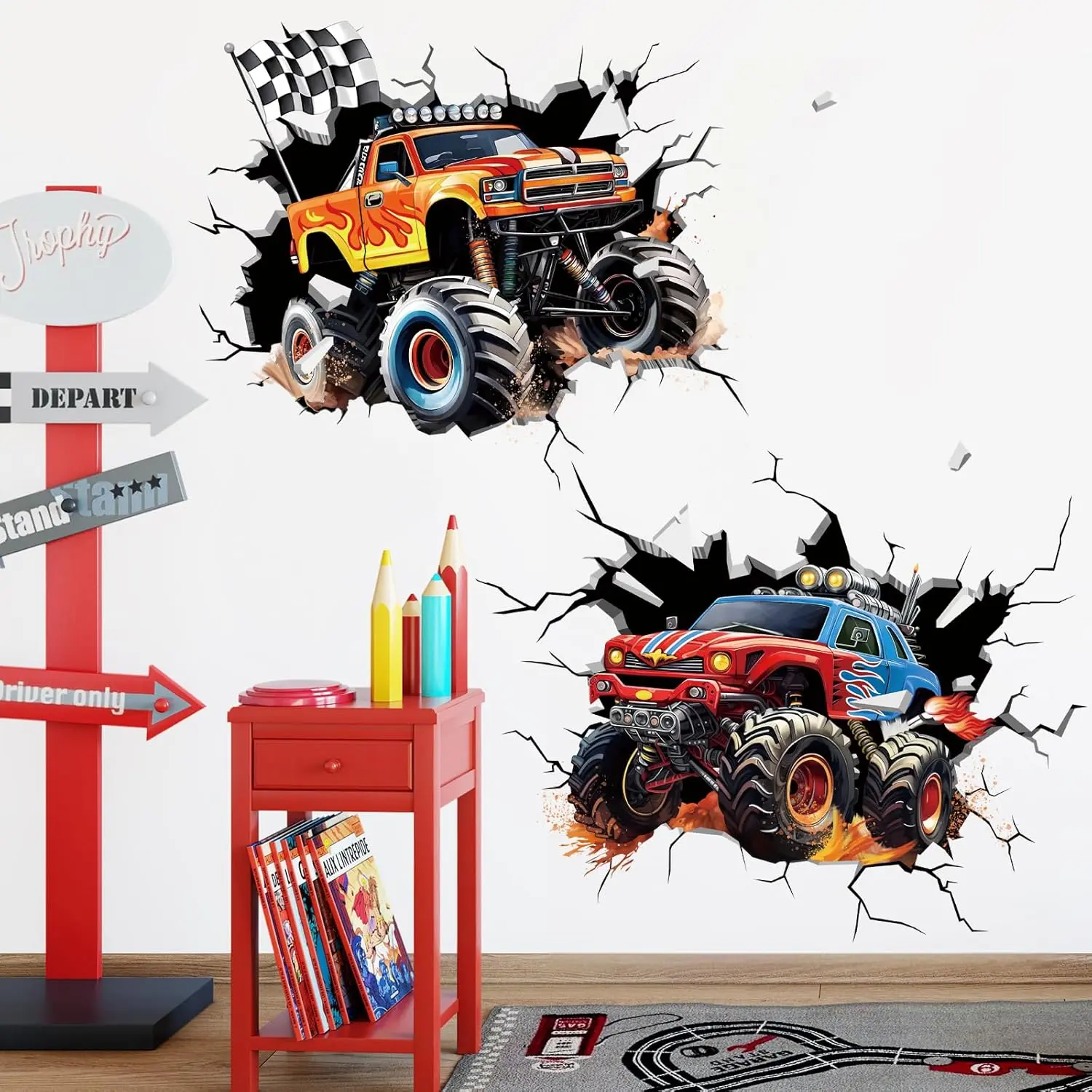 X-WPA25 2 Large 3D Racing Cars Wall Decals Trucks Break Through Wall Stickers Boys Bedroom Kids Room Playroom Wall Decor Decorative Removable