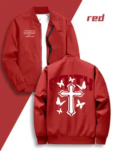 Men's Baseball Collar Casual Jacket, Trendy Faith Theme Printed Coat, Back Cross & Butterfly Design, Chest Bible Quote Details, Casual Wear Coat