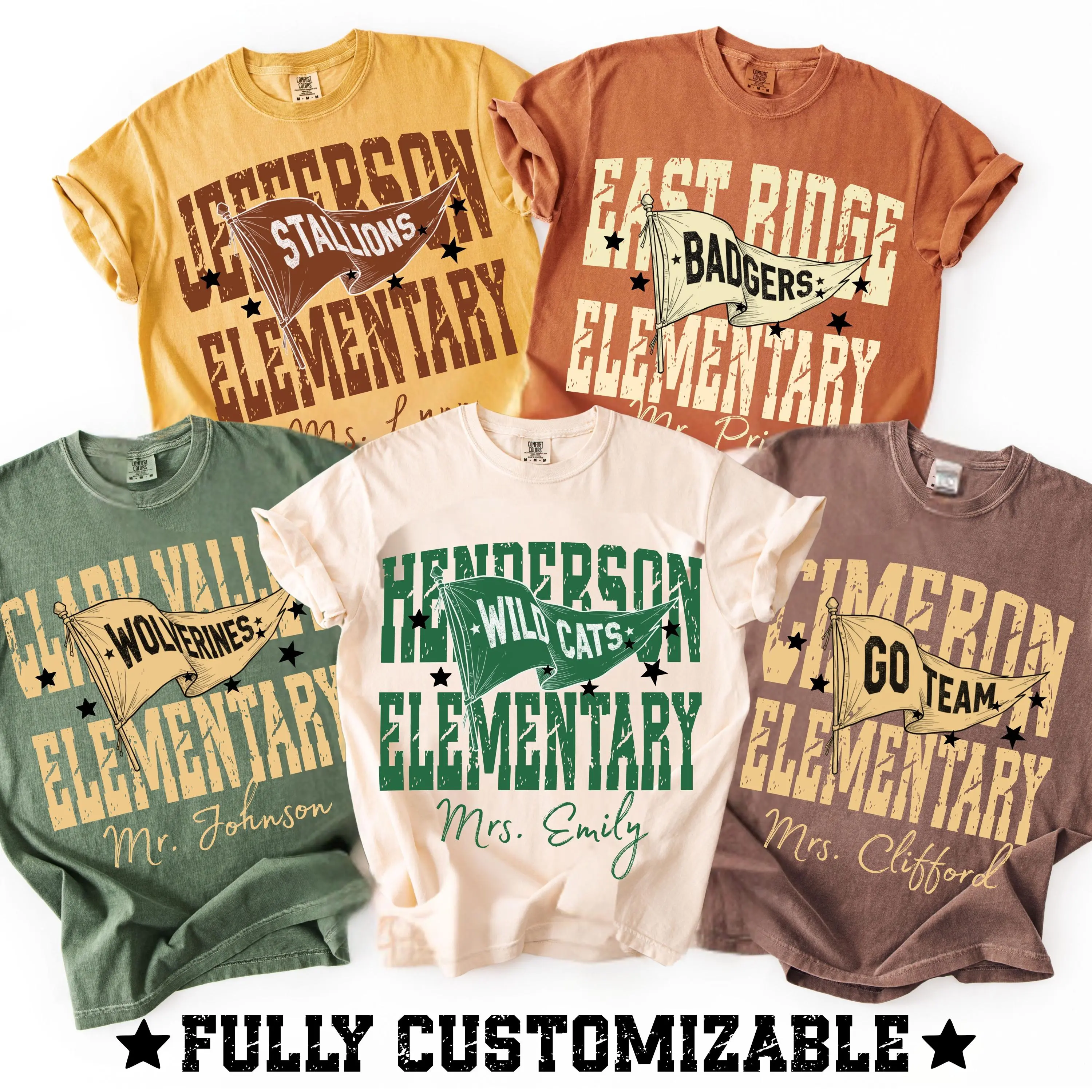 (Custom in Description) Comfort Colors Custom School Name Shirts, School Mascot Pennant Flag