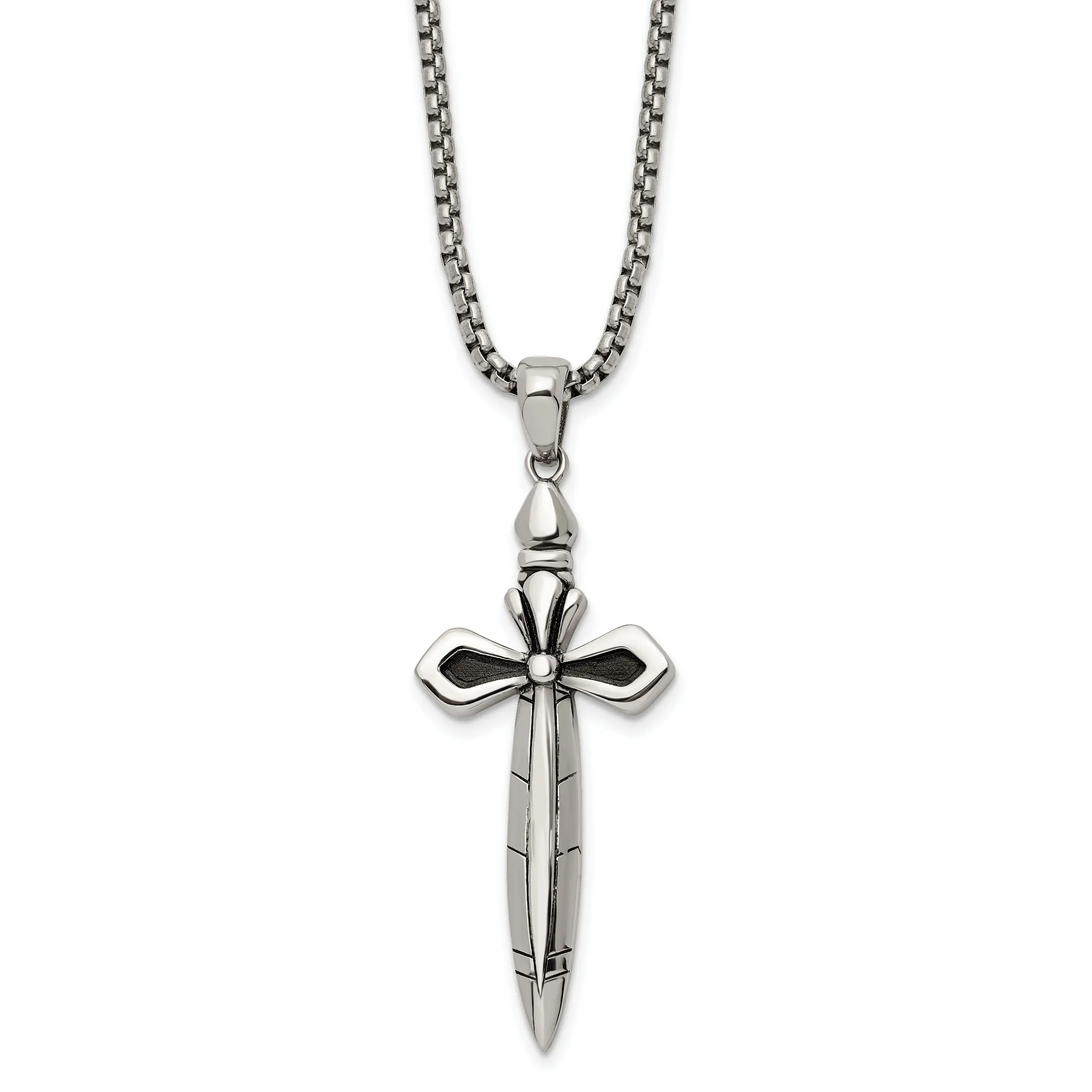 Chisel Stainless Steel Antiqued and Polished Cross/Sword Pendant on a 24 inch Box Chain Necklace