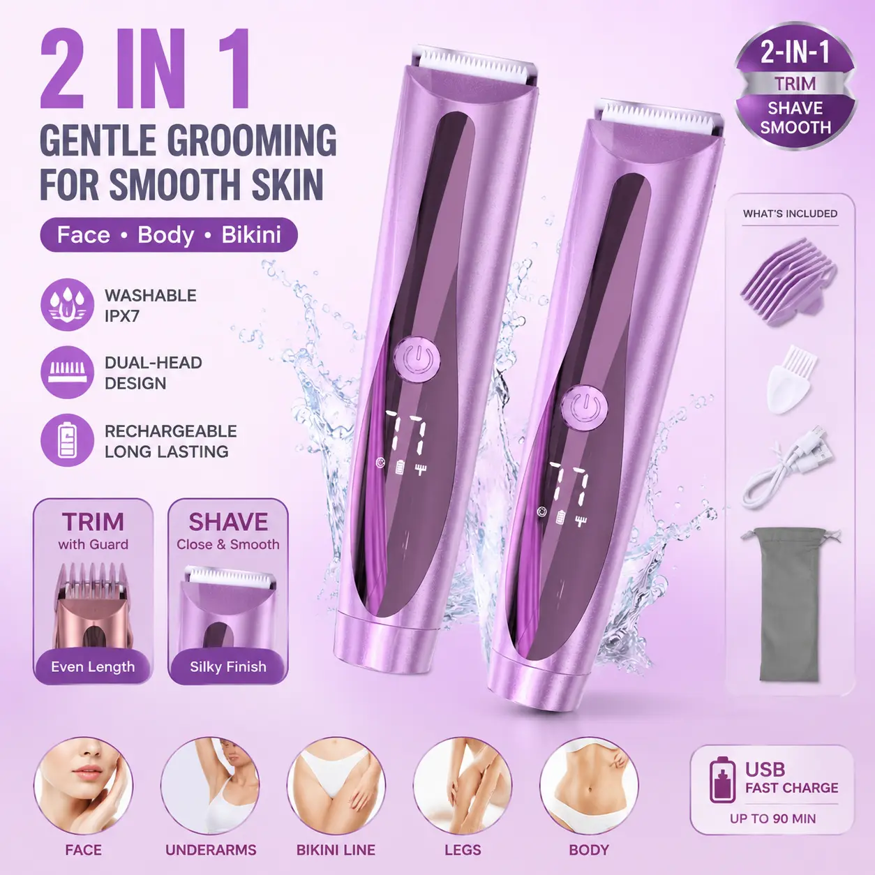 2 in 1 Women Electric Bikini Trimmer, IPX7 Waterproof Rechargeable Body Hair Shaver for Face Underarm Legs Pubic Hair Grooming groomer