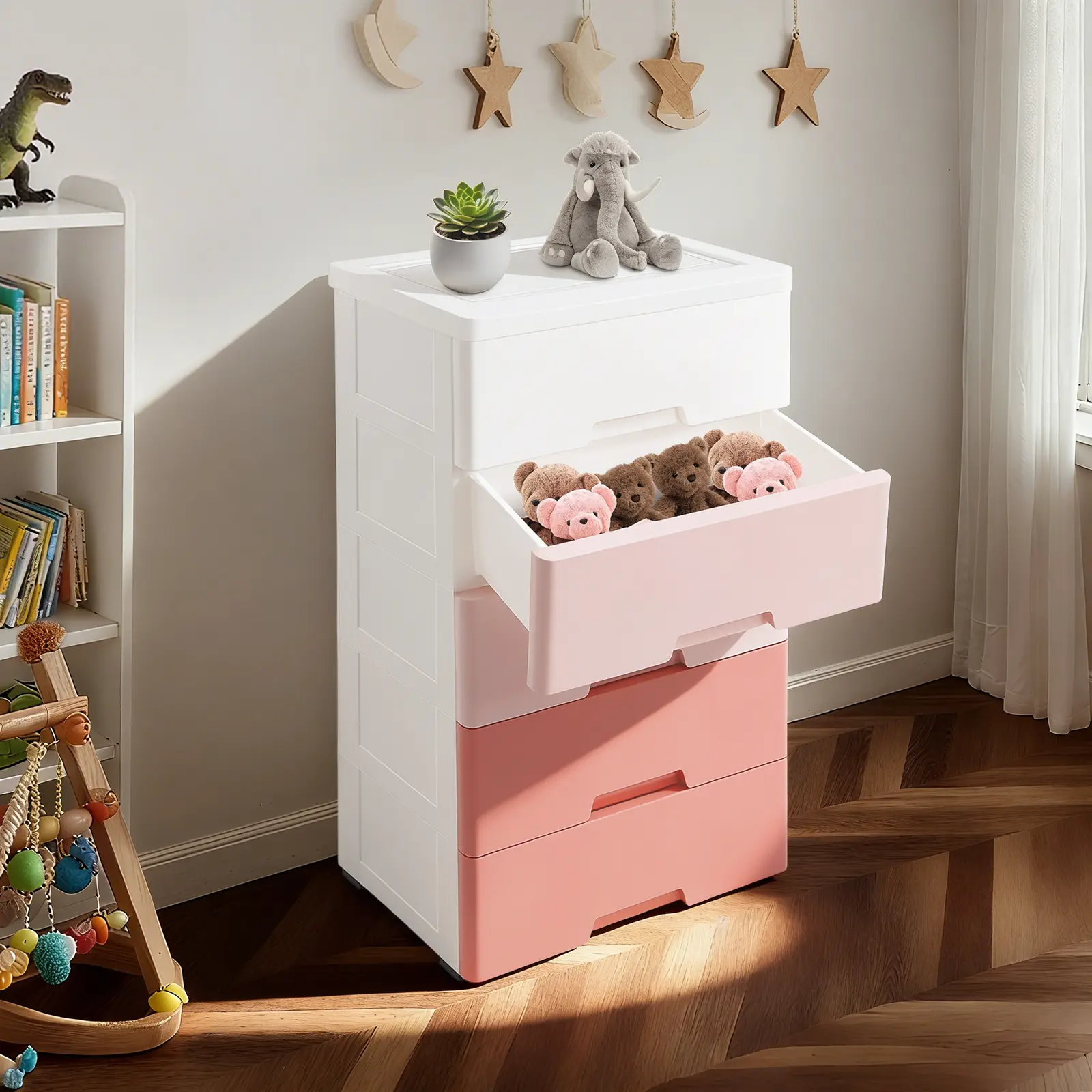 Gradient Pink 5-Drawer Slim PP Plastic Stackable Storage Cabinet, Stackable Storage Bins, 15-22LBS Load Capacity, Easy-to-Clean Narrow Gap Organizer for Bedroom, Kitchen, Home