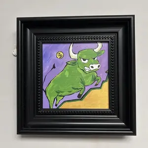 Funny Green Bull Market Canvas Wall Art, Hand-painted Stock Market K-Line Chart Print, Finance Trader Motivational Decor for Home Office Workplace, Framed/Unframed Square Sizes
