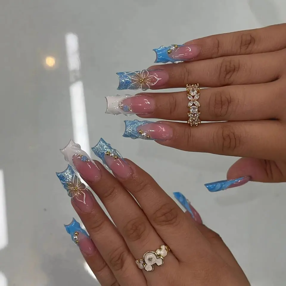 3D Floral Pearl Press-On Nails, Decorative Nails, Long Square French Style, Nail Art Design, Flower Design Nails, Perfect for Girls' Dates and Parties, Includes Jelly Glue and File Set