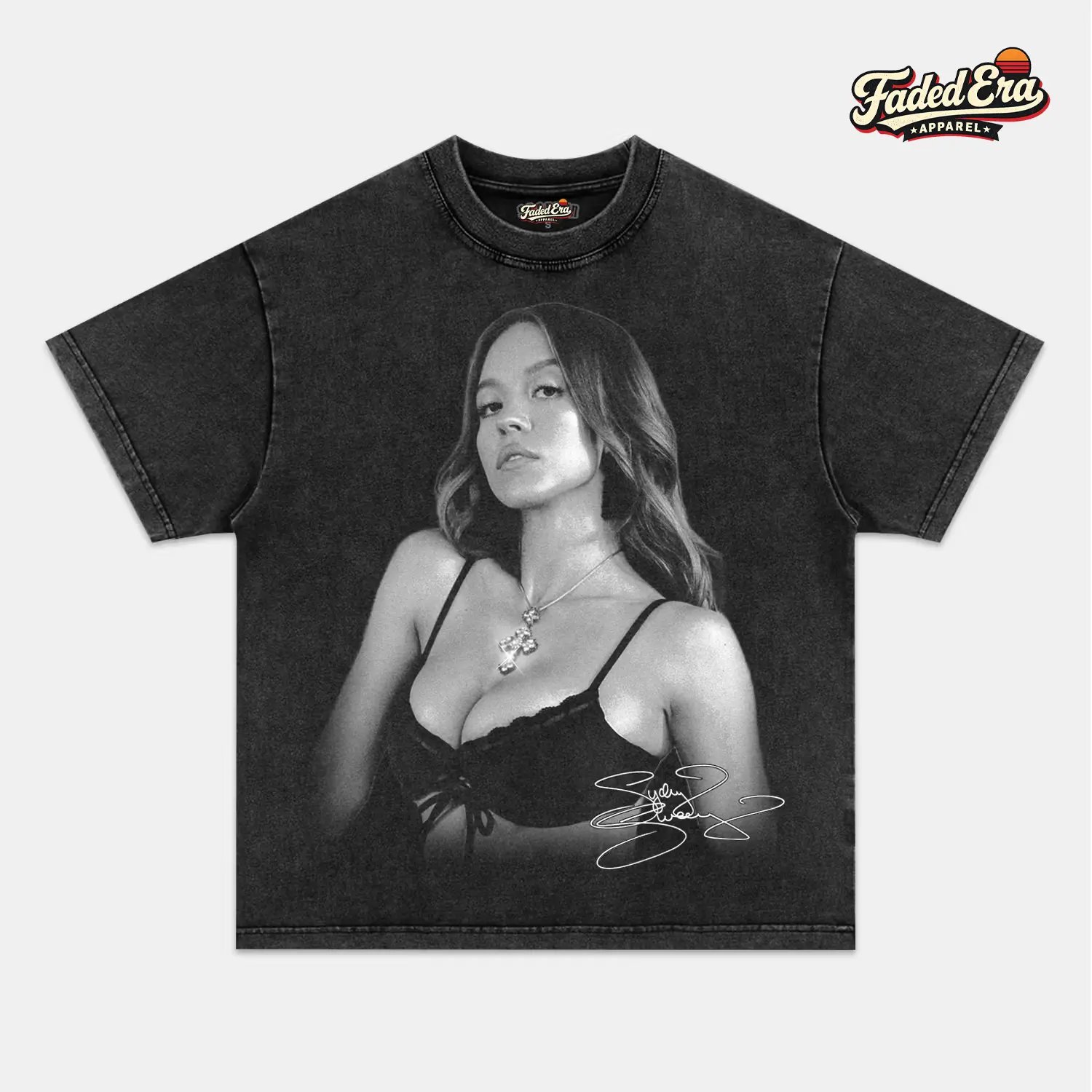 Sydney Sweeney Vintage Washed Graphic T-Shirt, Black and White Portrait Tee, Oversized Unisex Hollywood Streetwear Shirt