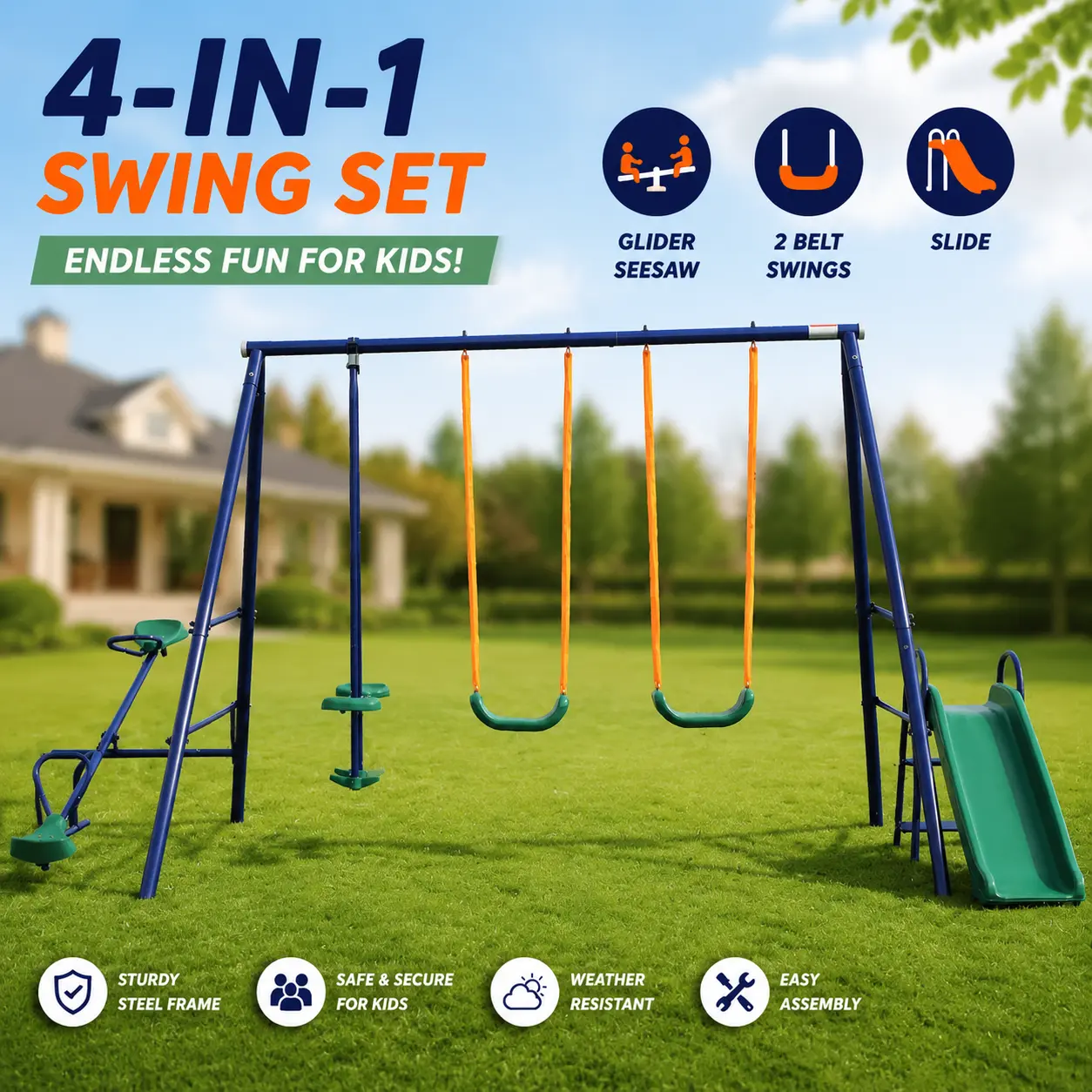 4-in-1 Kids SwingSet for Backyard, Outdoor Playset with Seesaw, Belt Swing, Slide & Glider, Heavy-Duty Playground Equipment for Kids Outdoor Play & Family Fun