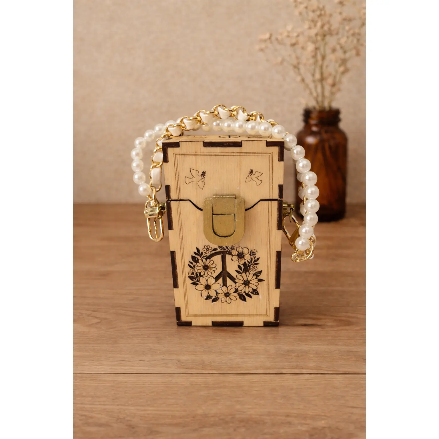 Wooden Peace Box Mini Purse – Handmade Beaded Handle Wood Clutch