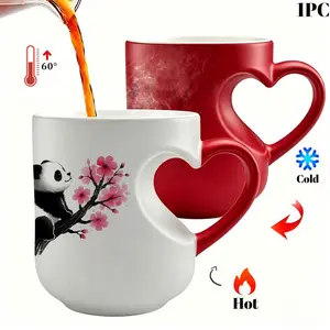 1pc Panda Cherry Blossom Magic Mug - 11oz Ceramic Color Changing Coffee Cup with Heart Handle, Heat Sensitive Mug with Cute Panda Design, Perfect Gift for Panda Lovers & Coffee Fans