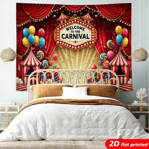 Welcome To The Carnival Tapestry Wall Hanging Circus Tent Balloon Candy Design 2D Flat Printed Backdrop for Birthday Party Photo Booth Kids Room Aesthetic Home Decor