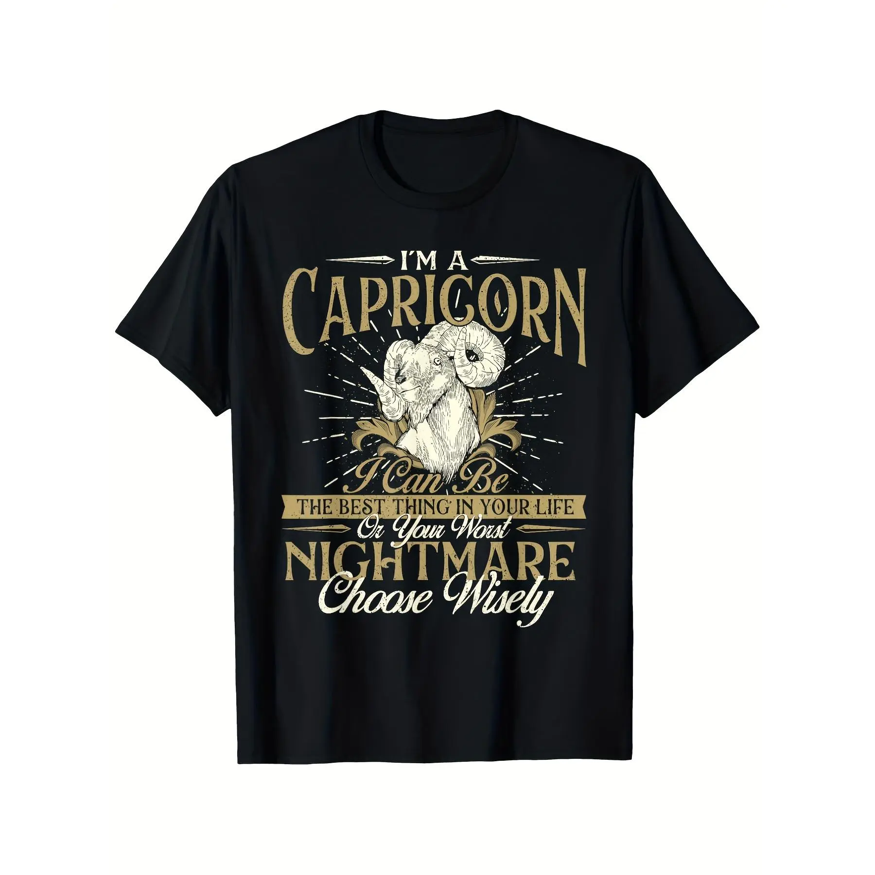 Men's Oversized Capricorn Zodiac Top - 100% 180gsm Heavyweight Comfy Shortsleeve Round Neck Casual Streetwear Retro Astrology Graphic Tee with Capricorn Symbol & Traits, Black Unisex 100% Cotton Fabric Shirt