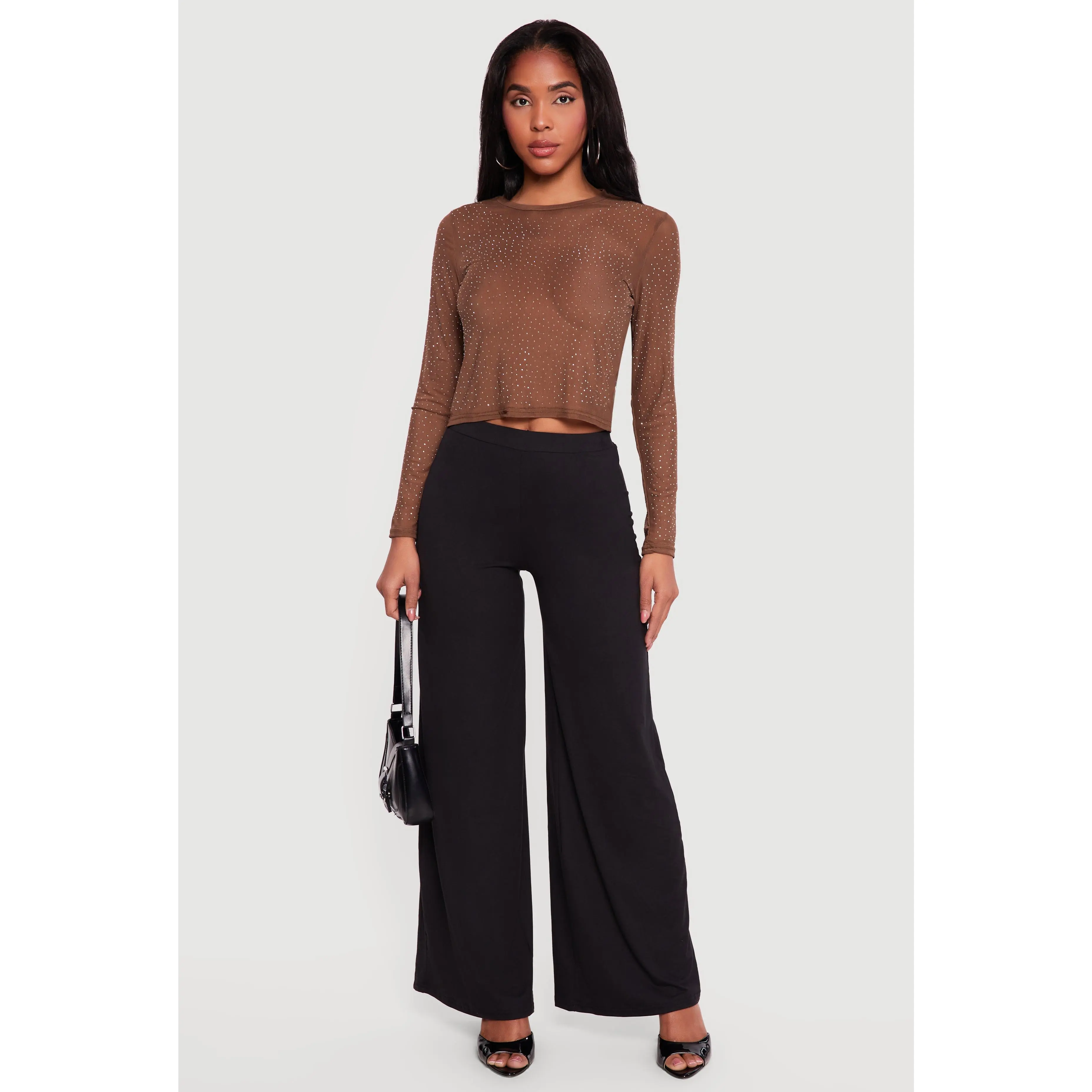 Rhinestone Mesh Long Sleeve Top