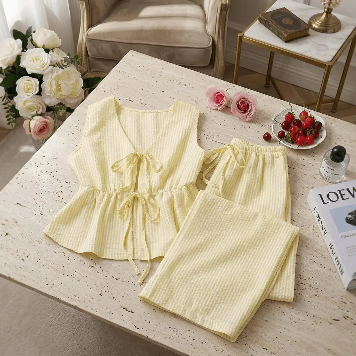 Women's Summer 2 Piece Set, Casual Gingham Peplum Tie Front Top and Wide Leg Pants Matching Outfit, Outfits, 2 Pcs Set, Lady, Basic, Clothes, Women 2 Piece Sets