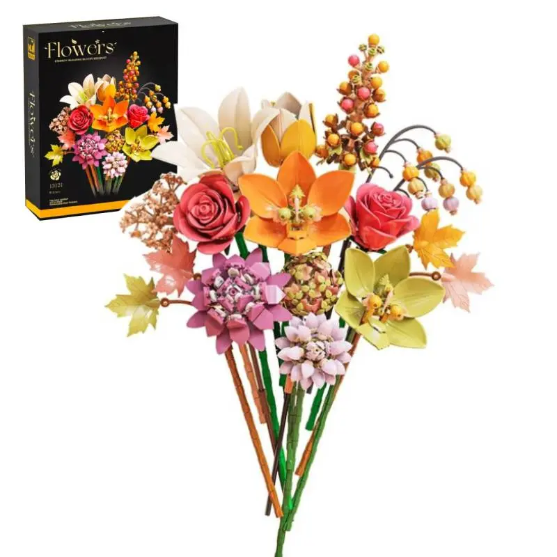 813 bouquet building set, children's artificial plant flower set toys, Valentine's Day, Mother's Day, Christmas and home decoration gifts, women's artificial flower plant collection