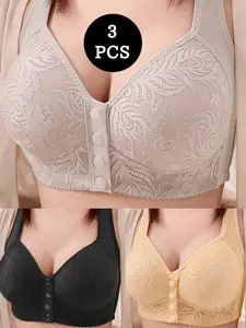 Women's Plus Size Lace Push-Up Bra Set, Comfortable Breathable Front Closure, Anti-Sagging Underwear for Mothers, 3 Piece Pack, Womenswear