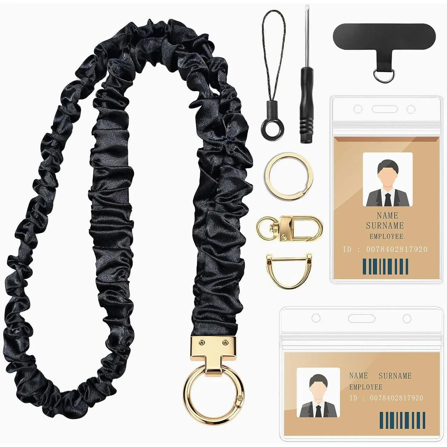 Scrunchie Lanyard for ID Badges, Retractable Teacher Lanyards Stretchy Lanyards for   Lanyard with  Holder for Women Ladies, Black